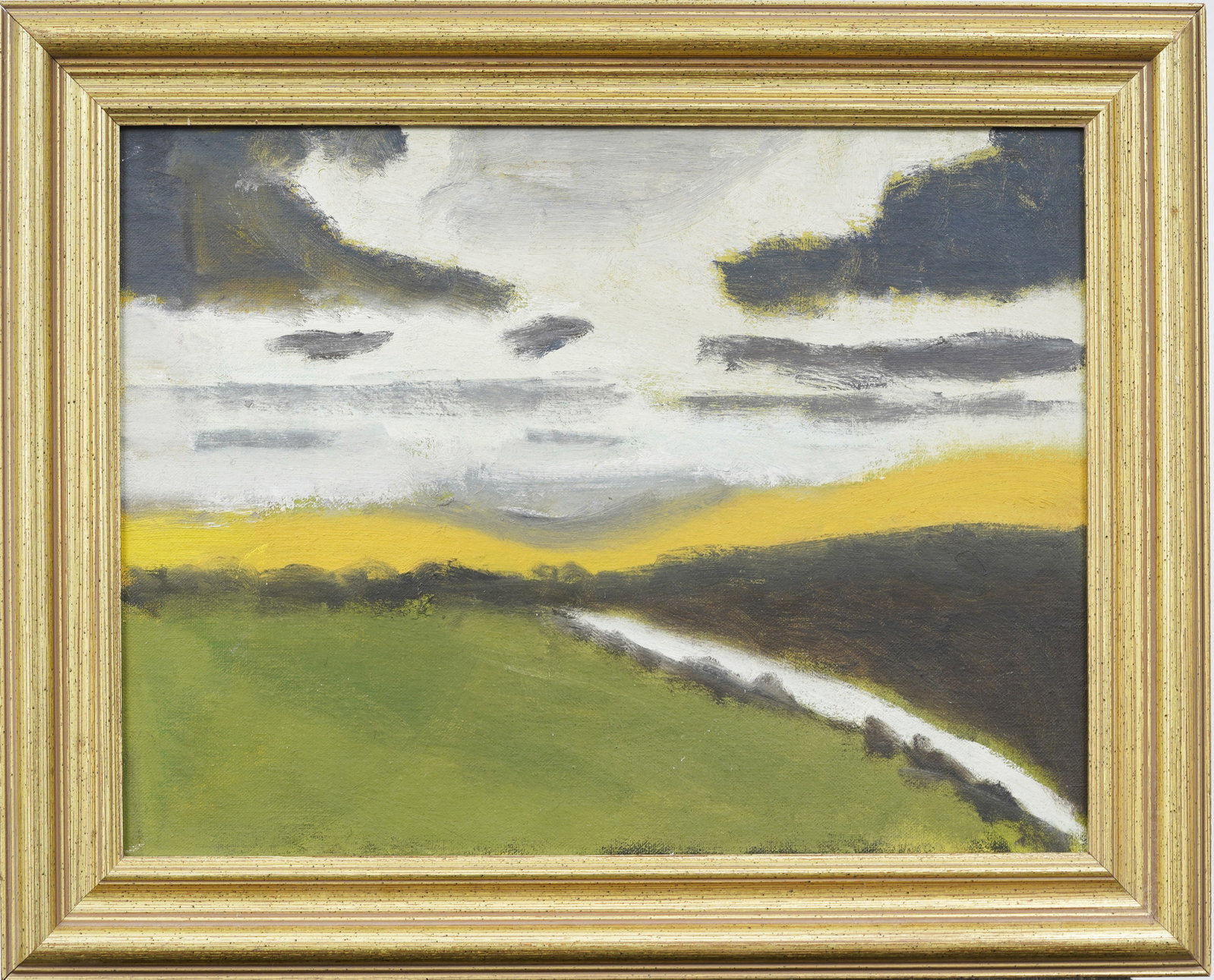 Antique American Modernist Framed Landscape Oil Painting: Antique American modernist landscape painting. Oil on board. Signed. Framed. Measuring: 16 by 20 inches overall, and 12 by 16 painting alone. Please see all images for condition. Size is measured and 