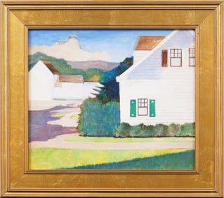 Vintage American School Modernist Landscape Framed Giltwood Original Oil Painting