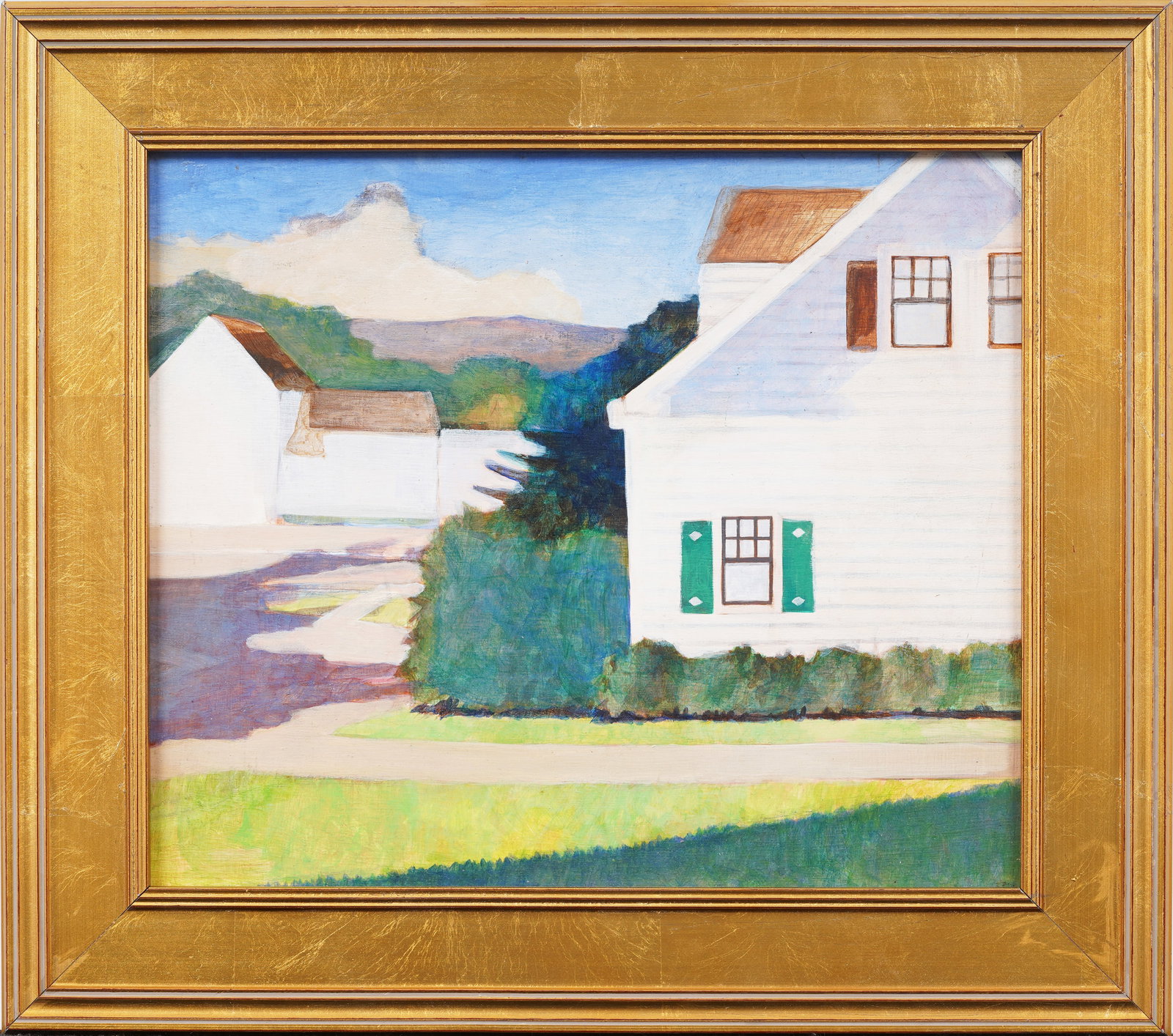 Vintage American School Modernist Landscape Framed Giltwood Original Oil Painting: Antique American oil painting. Oil on board. Framed. Measuring: 14 by 16 inches overall, and 10.25 by 12 painting alone. Please see all images for condition. Size is measured and written on the back o