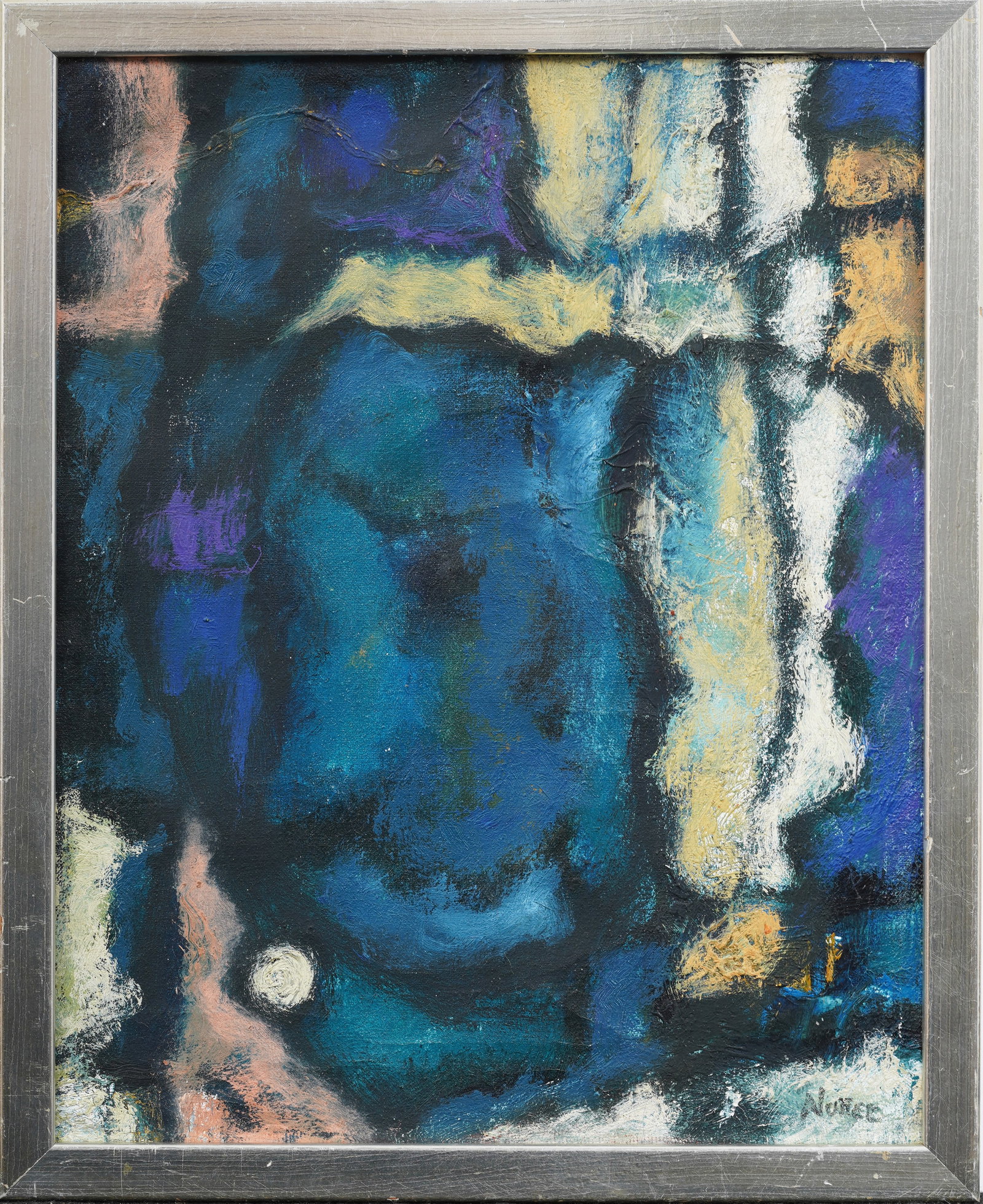Antique American Abstract Expressionist Framed Signed Original Oil Painting: Antique American abstract oil painting. Oil on board. Signed. Framed. Measuring: 11 by 9 inches overall, and 10 by 8 painting alone. Please see all images for condition. Size is measured and written o