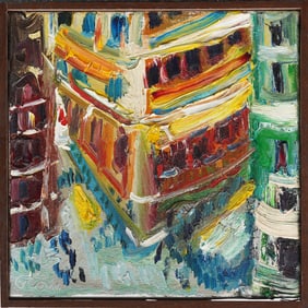Simon Gaon American Modernist Signed Street Scene Framed Original Oil Painting