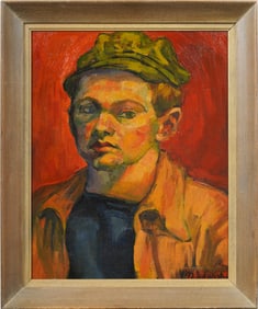WPA Antique American Modernist Portrait Framed Original Oil Painting of a Young Man