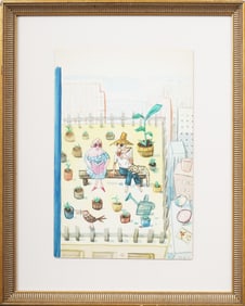 New Yorker Magazine Hippie Couple Gardening New York City Rooftop Original Painting