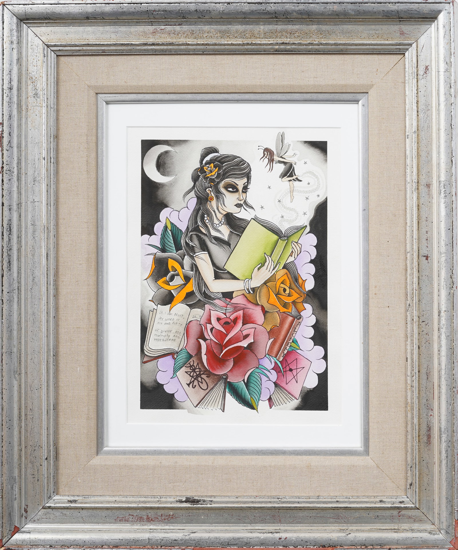 Vintage Esoteric Wicca Alchemy Framed Woman Portrait Framed Modern Painting: Vintage American painting on paper. Framed. Measuring: 25 by 21 inches overall, and 12.75 by 8.75 painting alone. Please see all images for condition. Size is measured and written on the back of the p