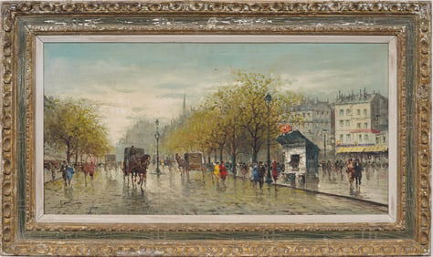 Antique Large French Impressionist Nicely Framed Paris Street Scene Signed Oil Painting