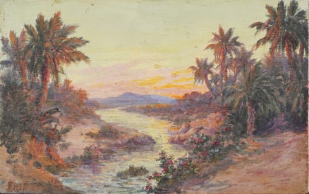 Antique American Signed Tropical Palm Tree Florida Landscape Sunset Original Oil Painting
