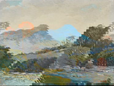 Antique American Impressionist Monogrammed "H.W. 1935" Western Mountain Landscape Oil Painting