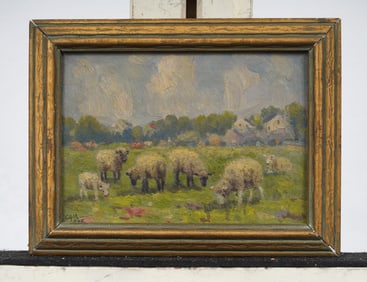 Charles Alfred Meurer (1865-1955) Antique American Impressionist Sheep Grazing Landscape Painting