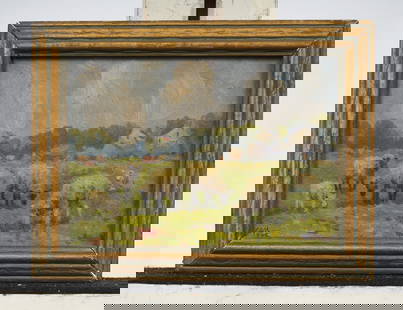 Charles Alfred Meurer (1865-1955) Antique American Impressionist Sheep Grazing Landscape Painting: Antique American oil painting landscape painting by Charles Alfred Meurer (1865 - 1955). Oil on board. Signed. Framed. Measuring: 7 by 9 inches overall, and 5 by 7 painting alone. Please see all image