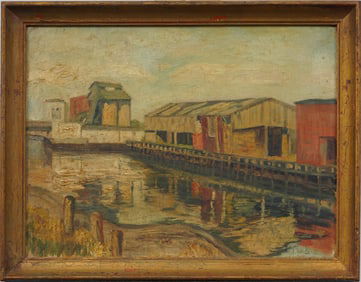 Signed "Goldfarb" Antique American Impressionist Coastal Dock Landscape Original Oil Painting