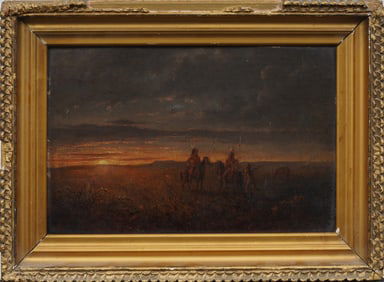 Antique American Western Finely Painted Sunset Landscape Framed Horseback Indians Oil Painting