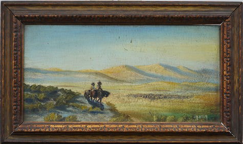 Signed Antique American Western Landscape Horseback Cowboy Scene Original Oil Painting