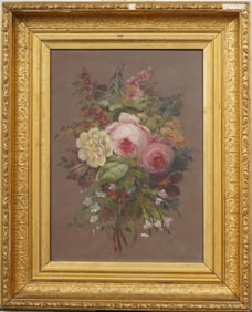 Antique American 19th Century Trompe L'Oeil Flower Still Life Framed Oil Painting