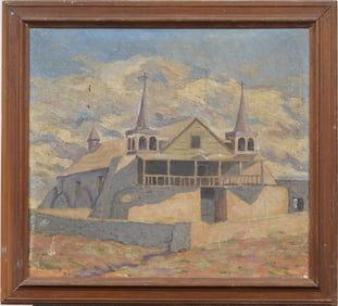 Old Adobe Church Isleta New Mexico Signed 1933 Taos School Antique American Original Oil Painting
