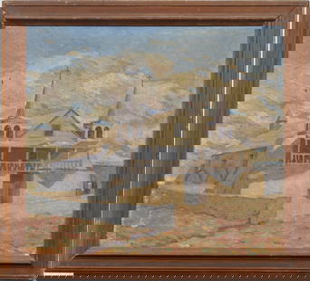 Old Adobe Church Isleta New Mexico Signed 1933 Taos School Antique American Original Oil Painting: Antique American oil painting. Oil on canvas. Signed. Framed. Measuring: 19 by 21 inches overall, and 16 by 18 painting alone. Please see all images for condition. Size is measured and written on the