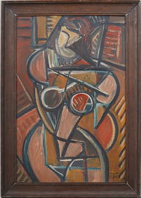 Vintage American Modernist Signed Cubist Portrait Framed Original Oil Painting