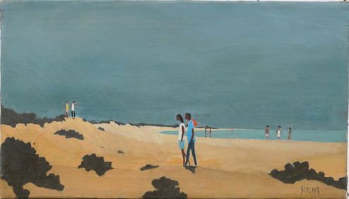 Antique American School Signed Modernist Beach Scene Oil Painting