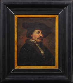 Antique European Old Master Male Portrait After Rembrant Nicely Framed Original Oil Painting