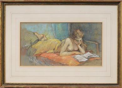 Signed Antique American or European Nude Woman Portrait Interior Scene Framed Pastel Painting