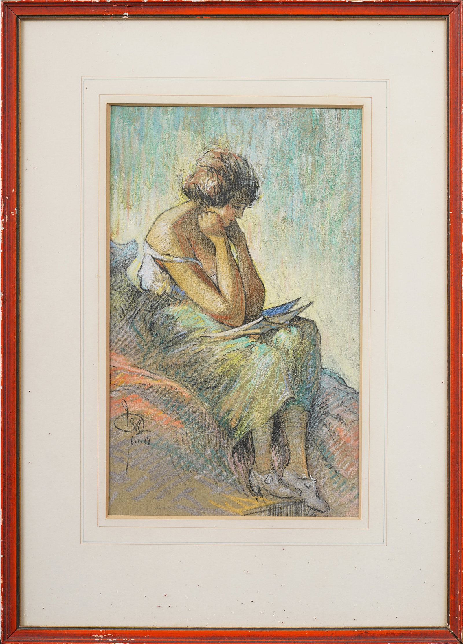Signed Antique American or European Nude Woman Portrait Interior Scene Framed Pastel Painting: Antique American or European pastel portrait painting. Signed. Framed. Measuring: 14 by 19 inches overall, and 7.5 by 11.75 painting alone. Please see all images for condition. Size is measured and wr