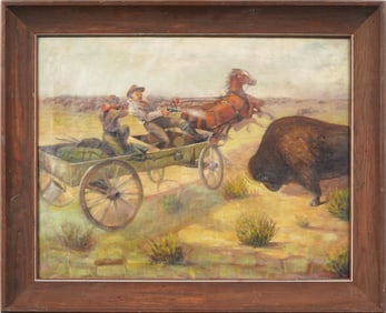 Antique American Western Pulp Illustration Signed "Trimm" Framed Original Oil Painting