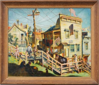 Antique 1932 Monogrammed WPA Modernist American Flag Framed Landscape Detailed Painting