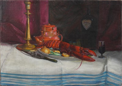 William Ferdinand Metzkes (b. 1884) American School Lobster Still Life Large Original Oil Painting