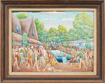 Eloisa Schwab (1894-1990) Vintage American Modernist Summer Pool Scene Original WPA Oil Painting