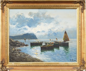 Luigi de Luca Italian Impressionist Bay of Naples Seascape Framed Original Signed Oil Painting
