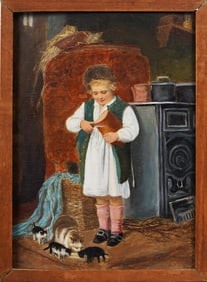 Antique or Vintage German School Genre Scene "Feeding the Kittens" Framed Original Oil Painting