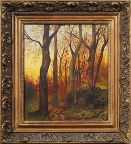 Antique American School Hudson River Forest Interior Framed Sunset Landscape Original Oil Painting