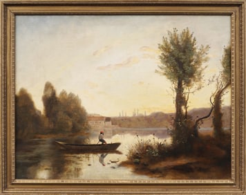Antique French Barbizon School River Landscape with Boat and Figure Framed Oil Painting