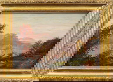 Antique American Hudson River School Sunset Landscape Framed Fall Scene Original Oil Painting