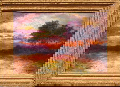 Signed Antique or Vintage American Blazing Sunset Landscape Framed Impressionist Oil Painting
