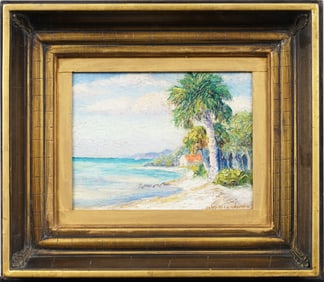 Clifford Warner (1895-1955) Vintage American Coastal California Beach Palm TreeFramed Oil Painting