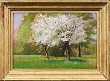 Antique American or European Impressionist Cherry Blossom Landscape Framed Original Oil Painting