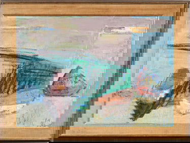 Large Vintage American School Modernist Framed Beach Scene Signed Oil Painting