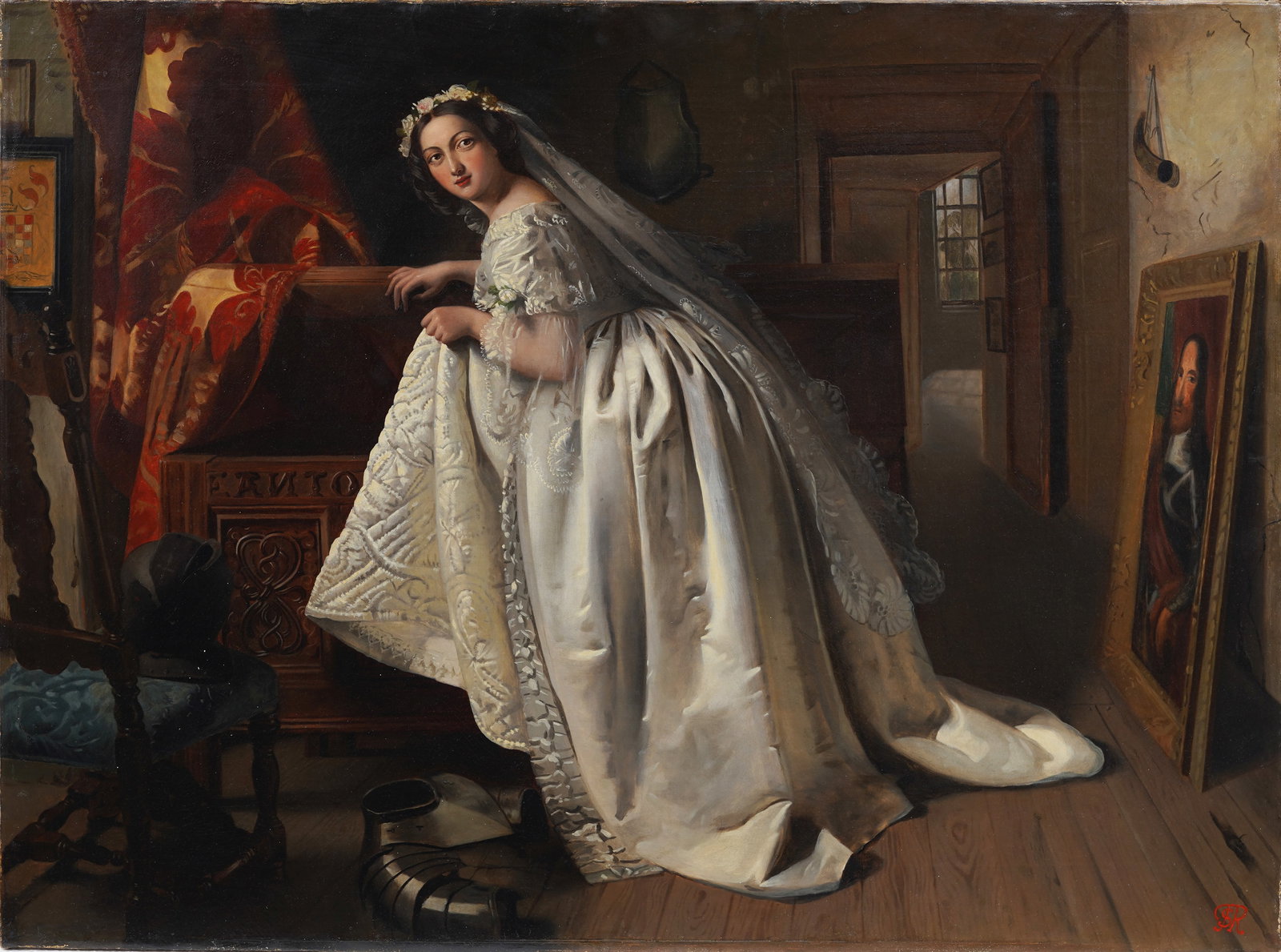 Antique European Old Master Finely Painted Interior Scene Portrait Oil Painting (1 of 11)