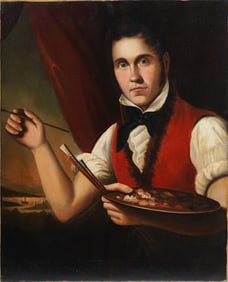 Incredible Antique American School Male Artist Self Portrait Realist Original Oil Painting