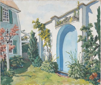 Antique American Impressionist Elegant Flower Garden California Landscape Original Oil Painting