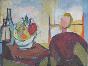 Vintage American Modernist Interior Scene Fruit Still Life & Portrait Original Oil Painting