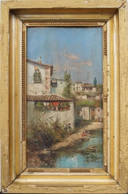 Antique European Impressionist Signed Town Scene Canal Landscape Framed Oil Painting