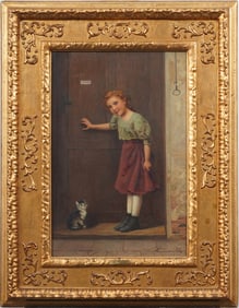 Edmund Adler (1876 - 1965) Signed German Realist Young Girl Kitten Portrait Framed Oil Painting