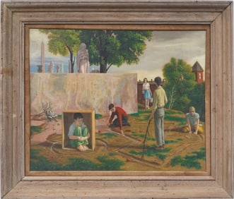 Vintage American School Signed "Dodge" Surreal Figural Landscape Framed Original Oil Painting