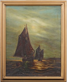 Antique or Vintage American School Framed Nocturnal Seascape Framed Original Oil Painting