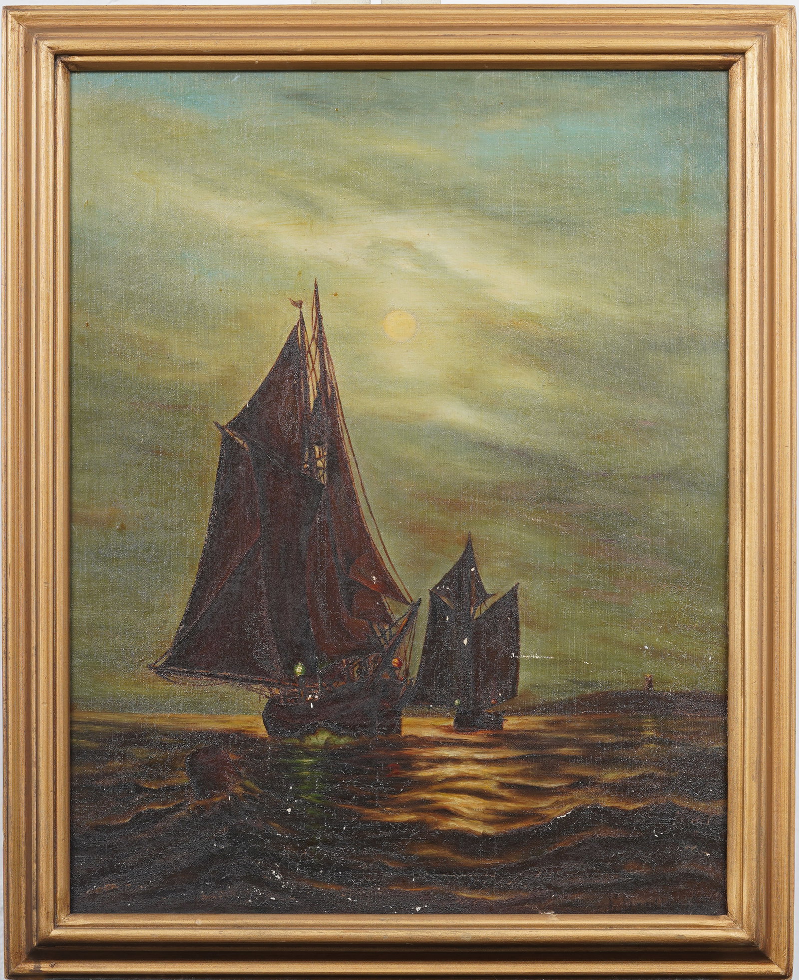 Antique or Vintage American School Framed Nocturnal Seascape Framed Original Oil Painting: Antique American nocturnal seascape oil painting. Oil on canvas. Signed. Framed. Measuring: 25 by 20 inches overall, and 22.25 by 17.25 painting alone. Please see all images for condition. Size is mea