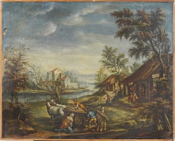 Antique European Old Master Farming Village Landscape Oil Painting