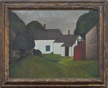 Important Early Antique American Precisionist Framed Landscape Rare Original Oil Painting