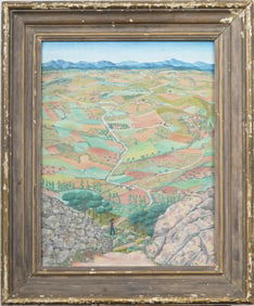 Antique European Folk Art Mountain Valley Farm Scene Nicely Framed Original Landscape Painting
