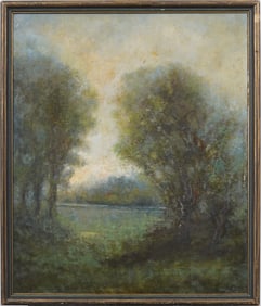 Antique American Tonalist Misty River Framed Landscape Original Oil Painting